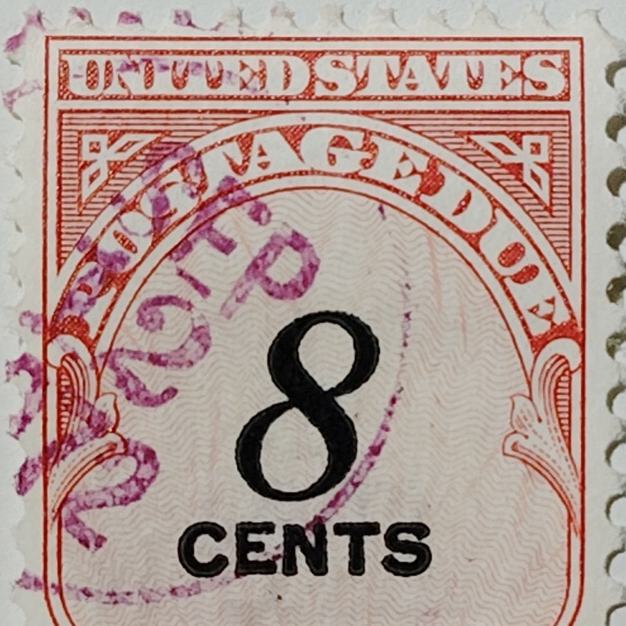 1959 U.S. Postage Due 8‑Cent Stamp, Scott J96, Carmine Rose, Used 9/12/72 Cancel