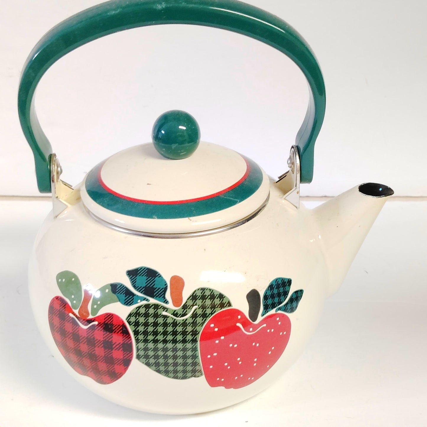 VTG Enamel Plaid Apples Tea Kettle Porcelain on Steel Thailand Country