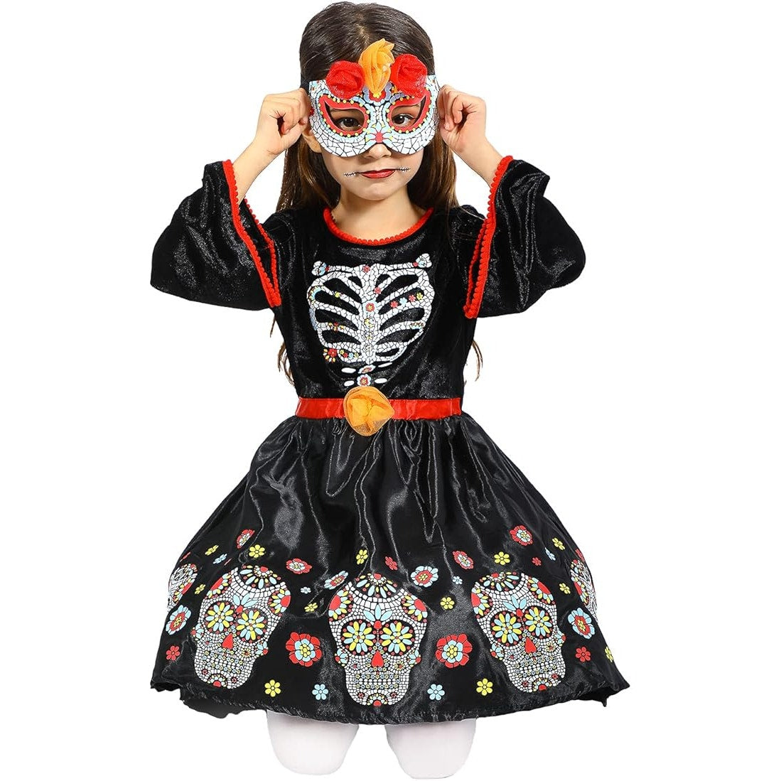 Girls Day of the Dead Skeleton Dress – Size 7‑8 – Skull Print Halloween Costume
