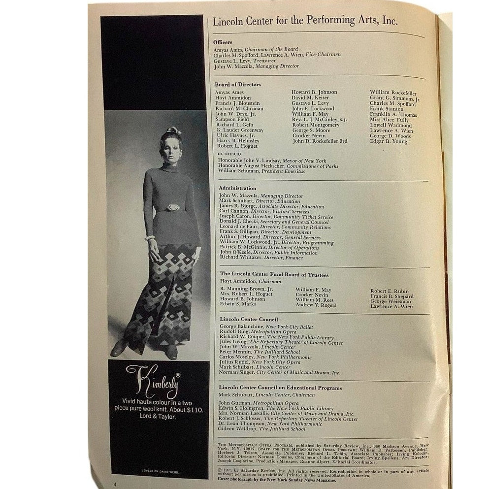 Metropolitan Opera Lincoln Center Performing Arts Program for 1971-1972 Season