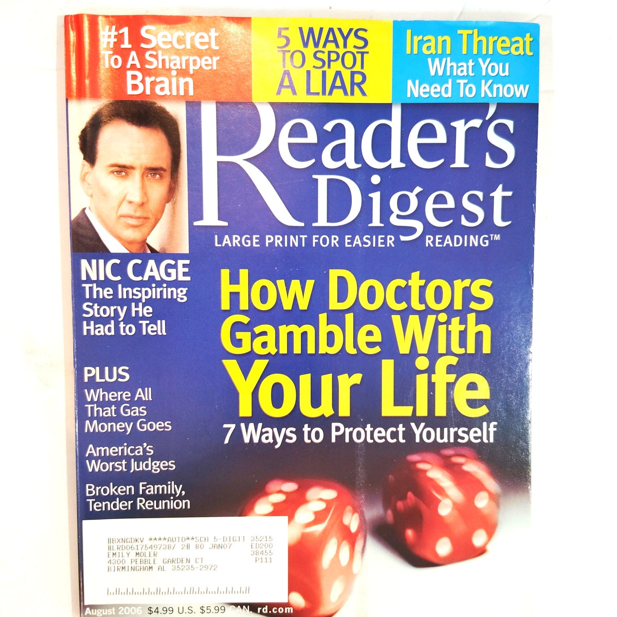 Reader's Digest August 2006 Large Print Magazine Nicolas Cage Back Issue