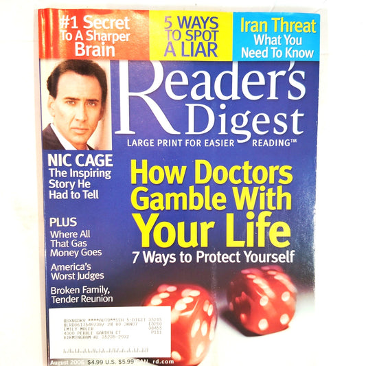 Reader's Digest August 2006 Large Print Magazine Nicolas Cage Back Issue