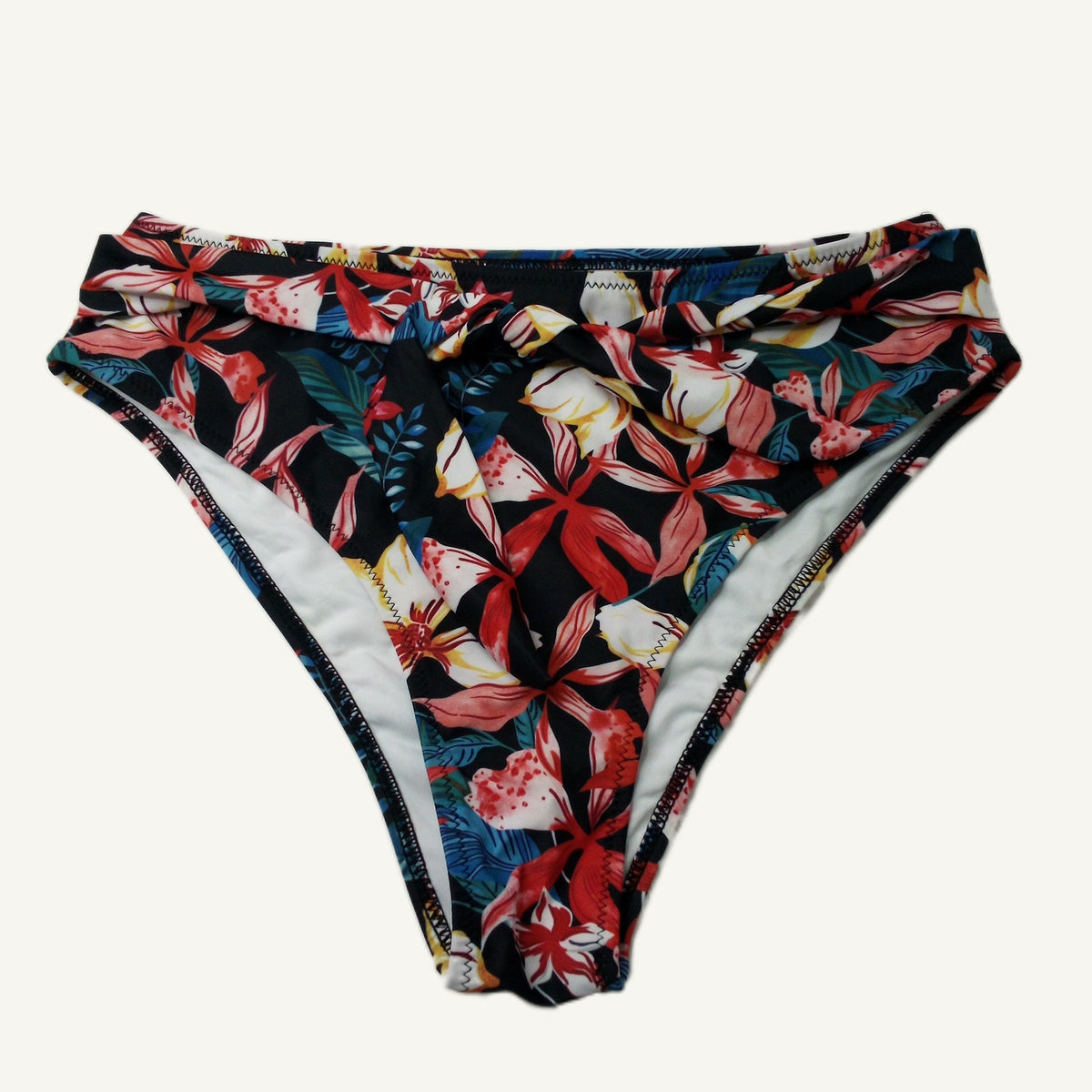 Women's High-Waisted Red Floral Tropical Bikini Swim Bottoms Size L Black