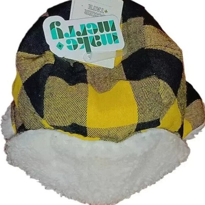 Tucker + Tate Faux Fur Flight Hat – Yellow Freesia Buffalo Plaid – Size 0–12M