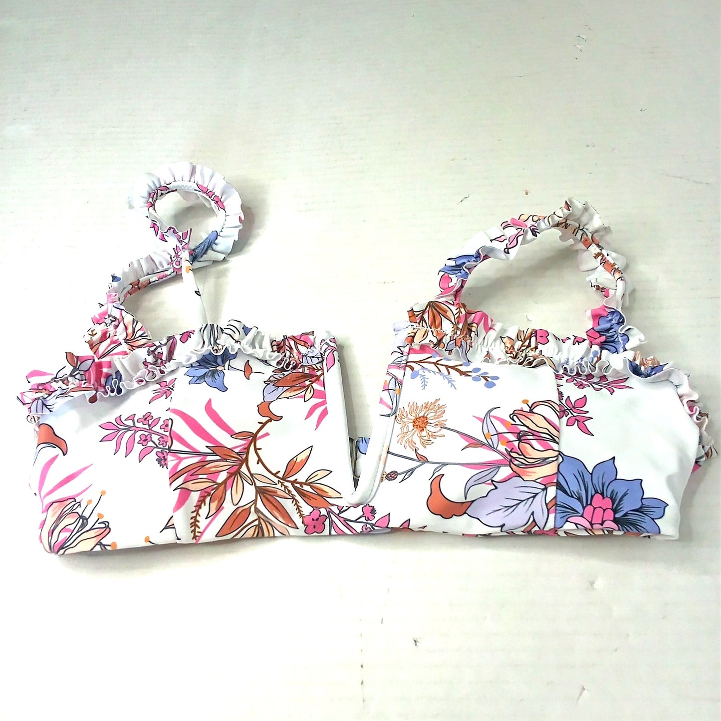 ZAFUL Frilled V Wired Floral Plant Print Bikini Swimwear Top White S (4)