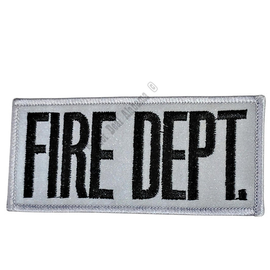 NOS, Fire Dept., Black Text on Silver, Iron or Sew-On Embroidered Patch, 4"W x 2"H
