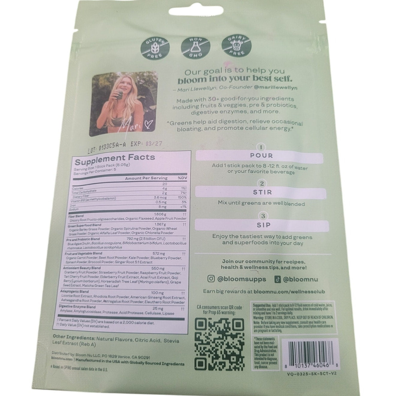 BLOOM NUTRITION Greens and Superfoods Powder Stick Pack – Strawberry Kiwi – 5 Count