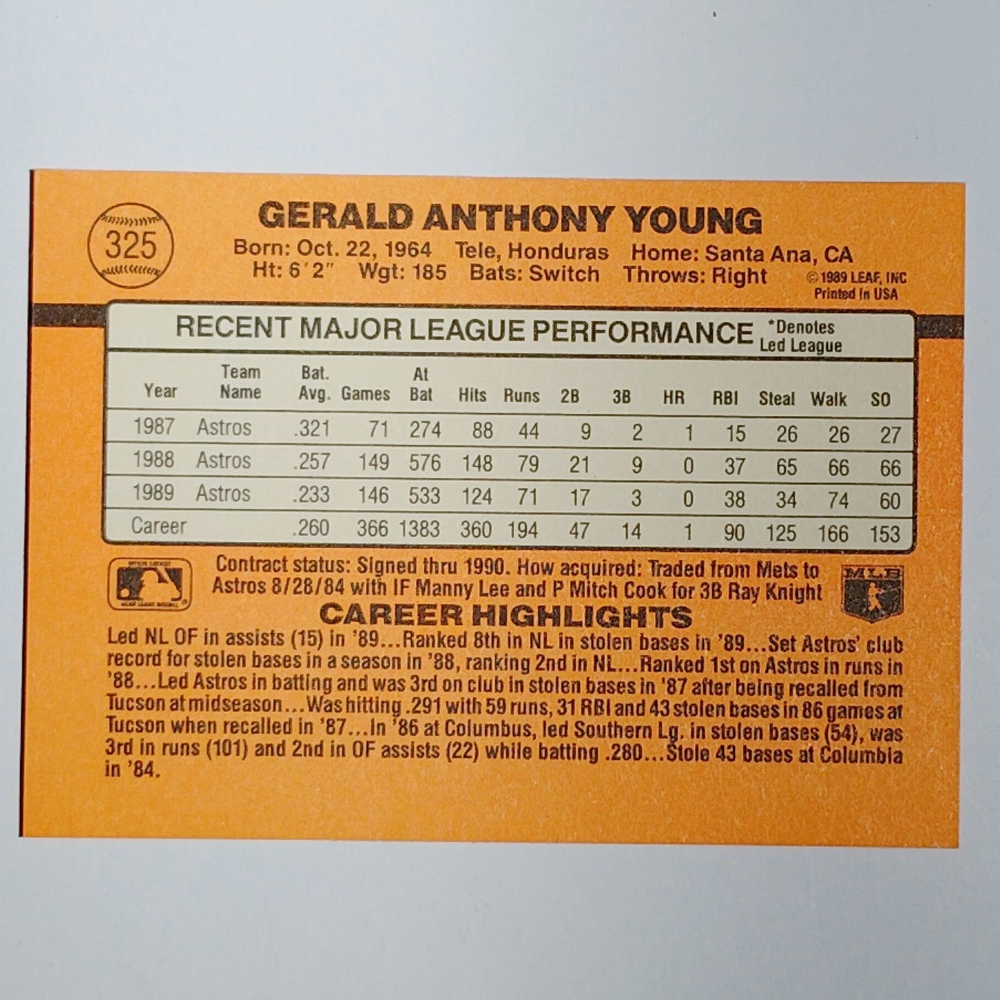 1990 Donruss #325 Gerald Young Houston Astros Outfielder - VG/EX