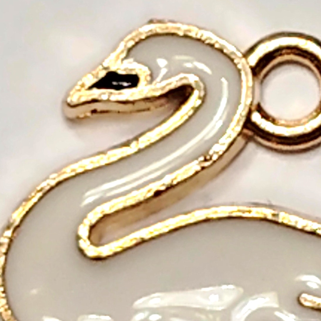 White Enamel Swan Charm Gold‑Tone Pendant 1/2" (14mm) Jewelry Making Accessories