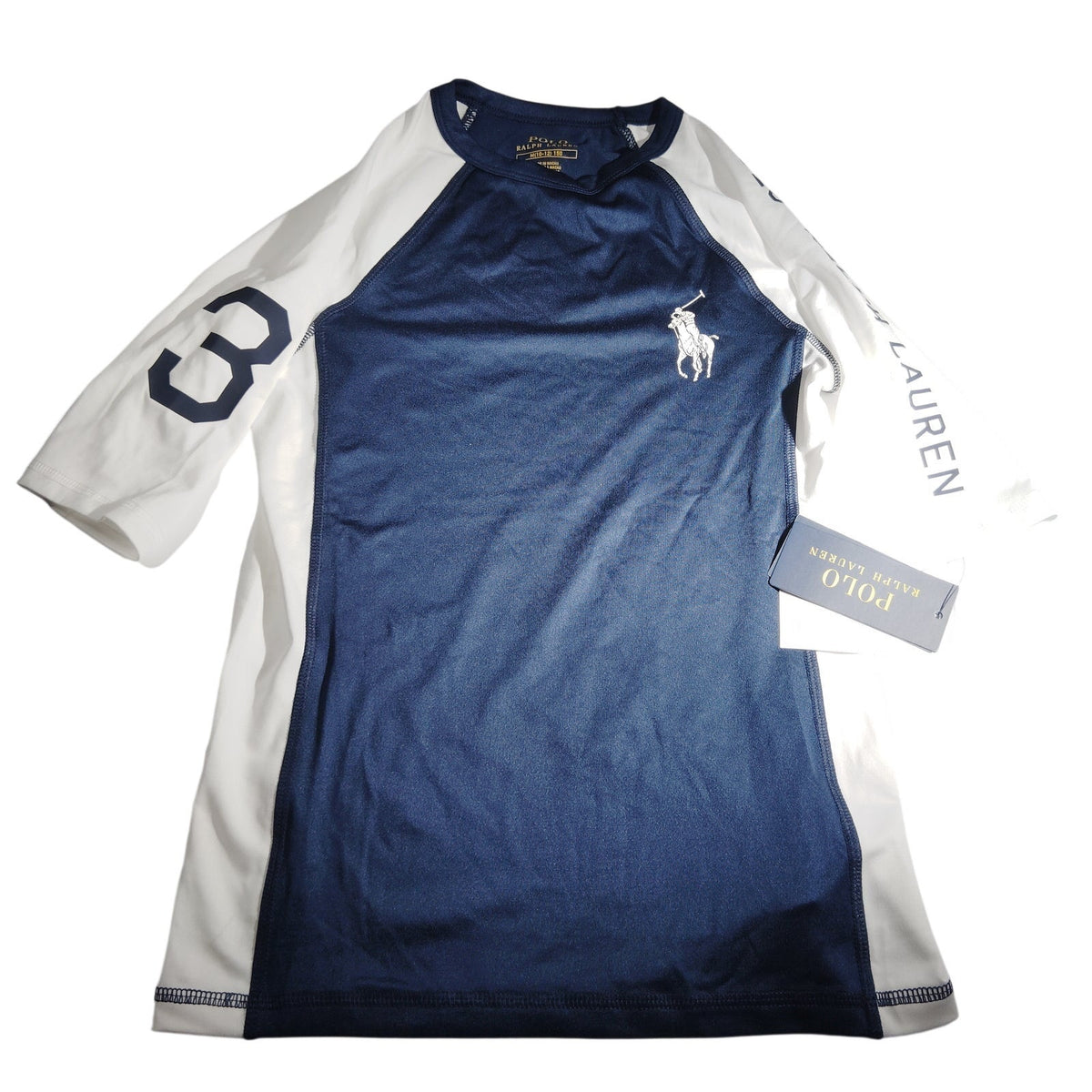 Polo Ralph Lauren Boys Rash Guard Swim Shirt Navy White XL 18-20 UPF 40 NWT