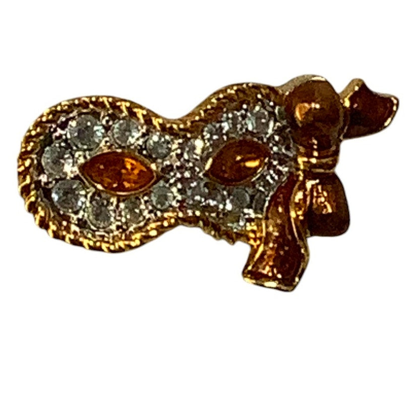 Swarovski Crystal Amber Stone Venetian Masquerade Mask Gold Brooch, Lapel Pin