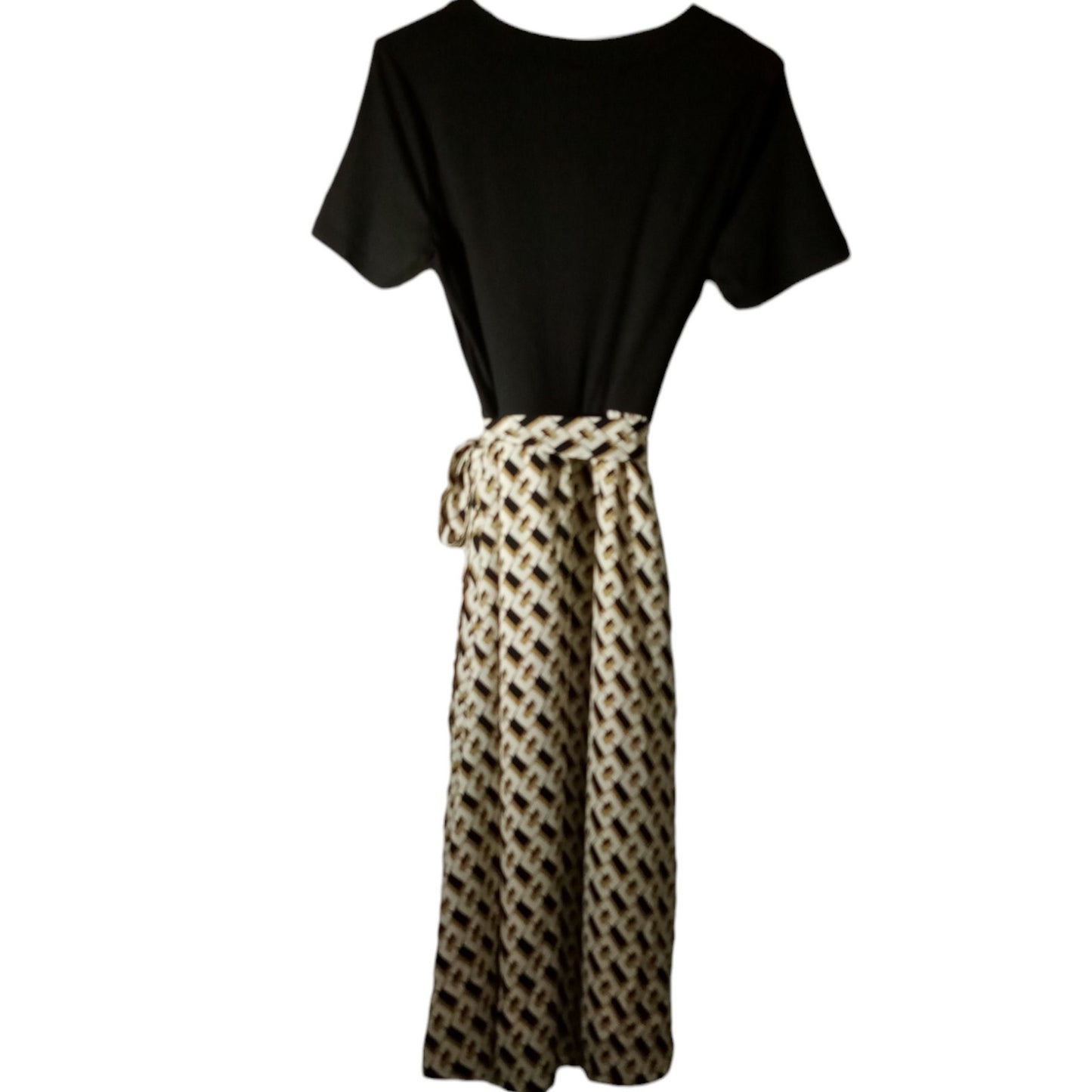 Modest Midi Dress, Black/Browns, Medium, Stretch Jersey Top w/ Geo Design Skirt