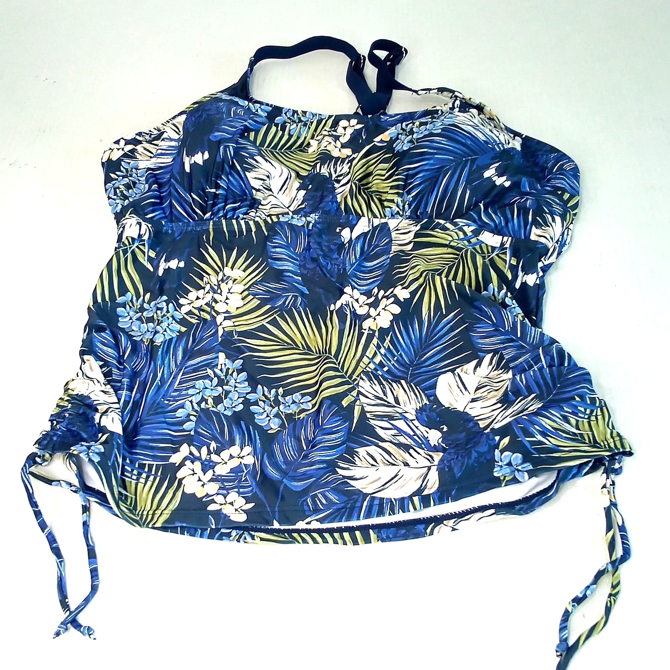 Jasambac Dark Blue Palm Leaves Tankini Top Scoop Neck Ruched Women’s 2XL