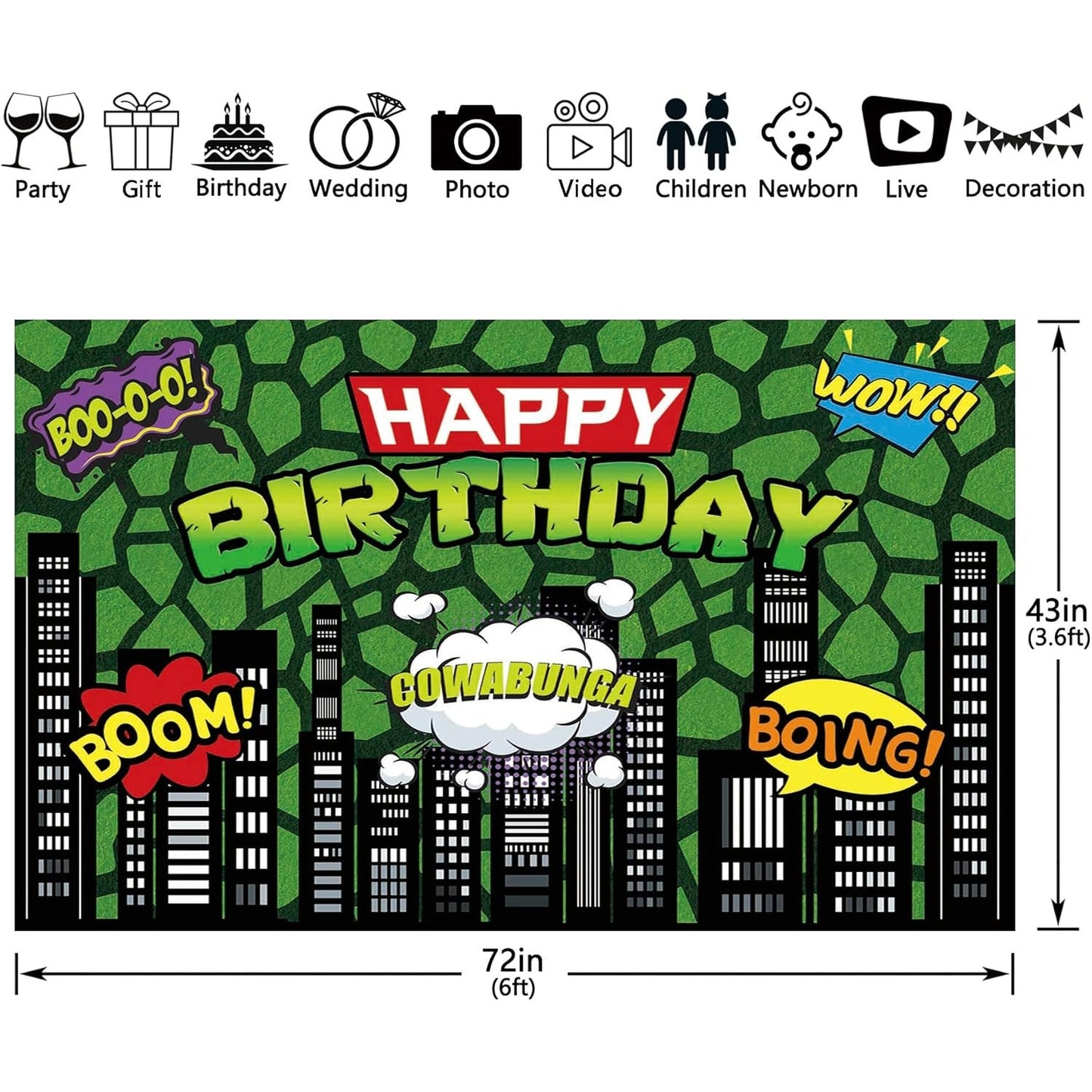 Turtle Superhero Birthday Backdrop 72x45 Green Comics Cityscape Party Banner