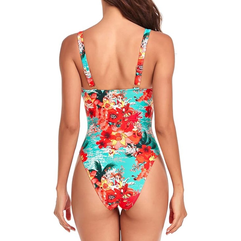 RELLECIGA Women's Blue Floral Neckline One Piece Swimsuit Straps Size L (12-14)