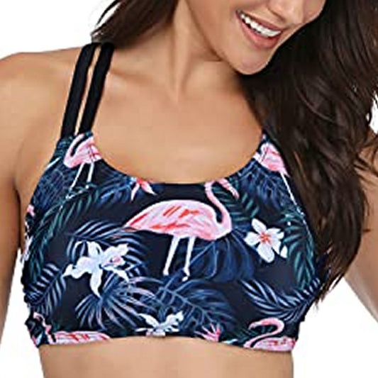 Yonique Black Flamingo Sports Bra Swim Top Crossback Scoop Neck L Padded