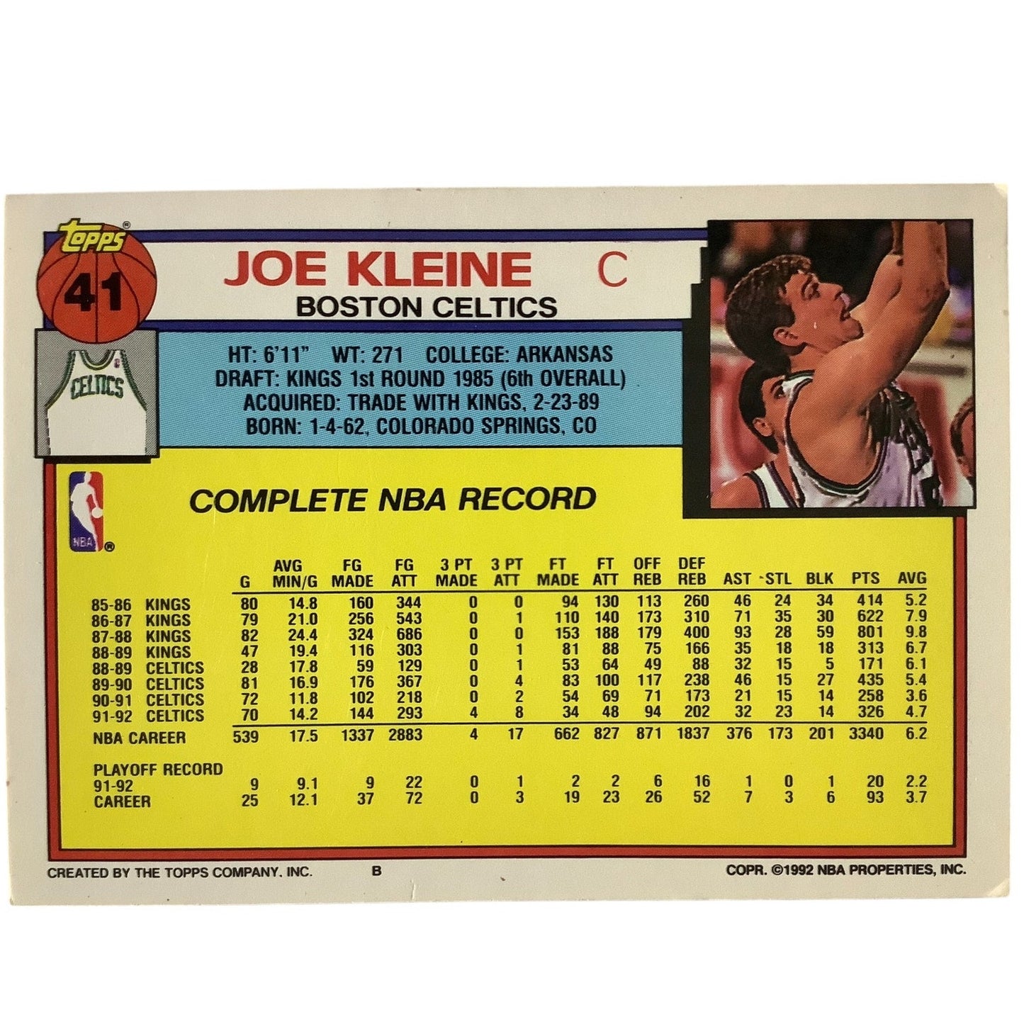 Joe Kleine, Boston Celtics, 1992 Topps Collector's Card 41, EXC