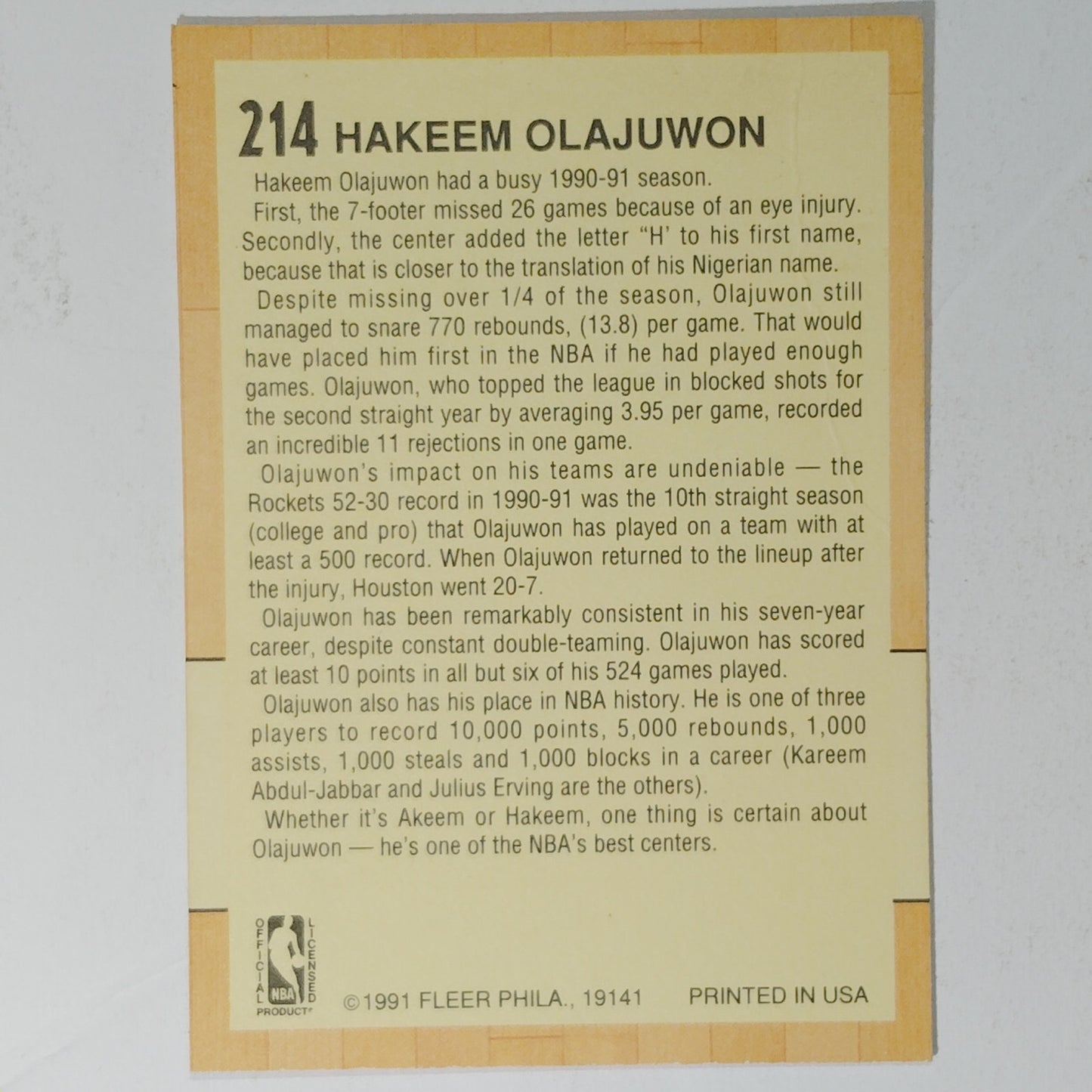 1991 Fleer Hakeem Olajuwon Card No. 214 – All-Star Team – Rockets – VG/EX