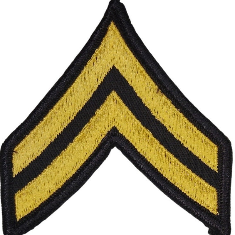 US Army Corporal E‑4 ASU Chevrons Male Size Gold on Black Sew‑On Pair 3.25 × 3"