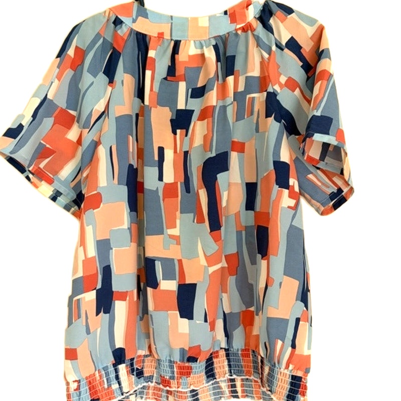Blair Multicolor Geometric Print Short Sleeve Ruffle Hem Top Women's L