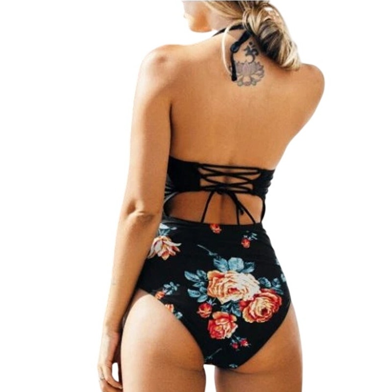 Cupshe Floral Cutout One Piece Swimsuit Halter Tie Back Women’s Medium