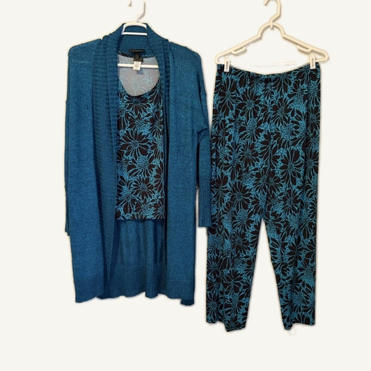Lane Bryant Salon Studio 3-Piece Teal Floral Tank Pants Cardigan Set L/14-16