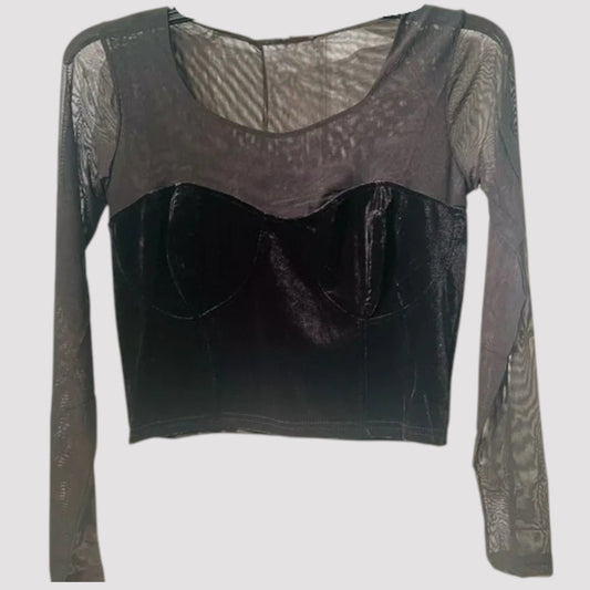 Poof Apparel Women’s Black Mesh Velvet Crop Top – Medium