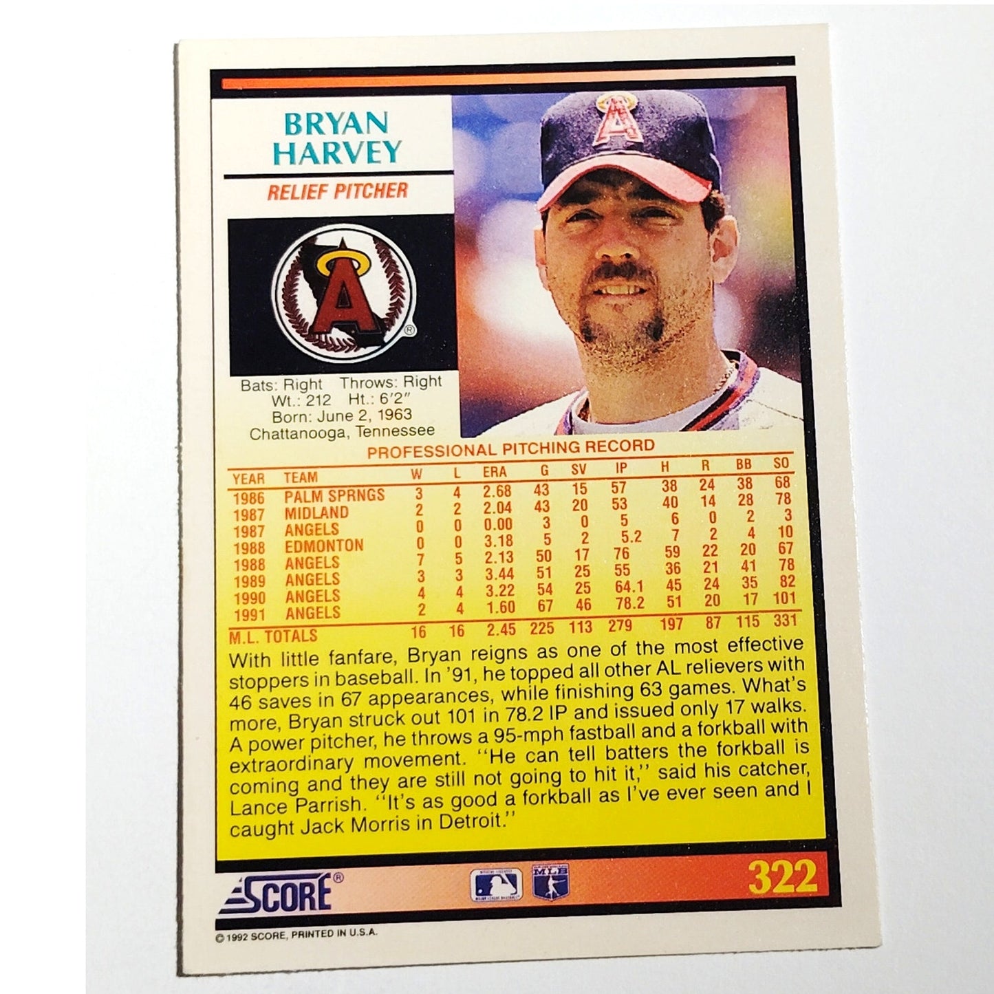 1992 Score Bryan Harvey #322 California Angels Relief Pitcher MLB Baseball NM