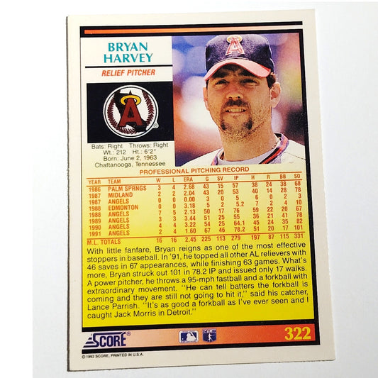 1992 Score Bryan Harvey #322 California Angels Relief Pitcher MLB Baseball NM