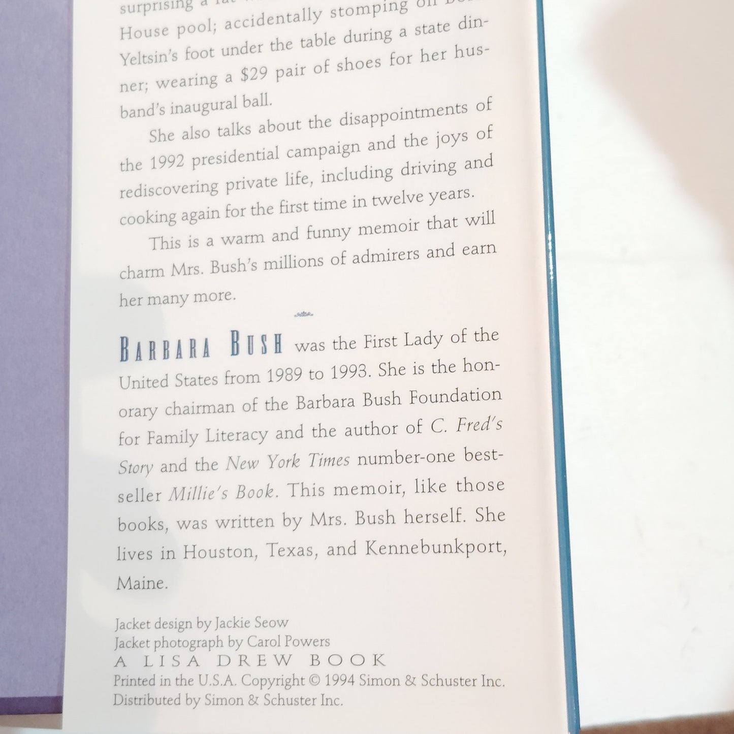 Barbara Bush: A Memoir - Hardcover 1994 Edition - Blue Dust Jacket
