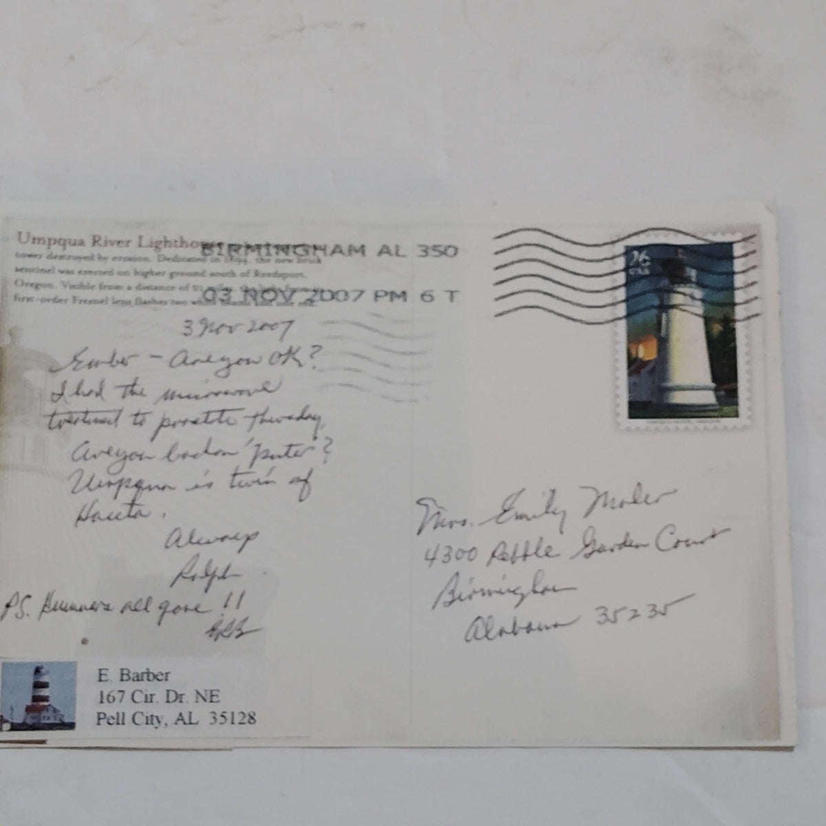 USPS 2007 Umpqua River Lighthouse 26c Postal Card Postmarked Pittsburgh AL