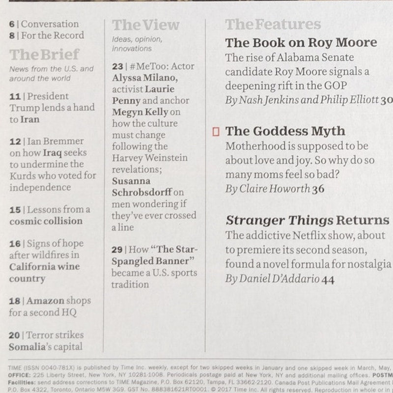 Time Magazine October 30, 2017 The Goddess Myth Issue - Motherhood Back Issue