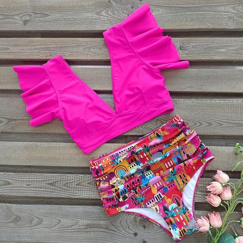 SPORLIKE Ruffle High Waist, Two Pieces Push Up Padded Bikini, Castle/Pink, S