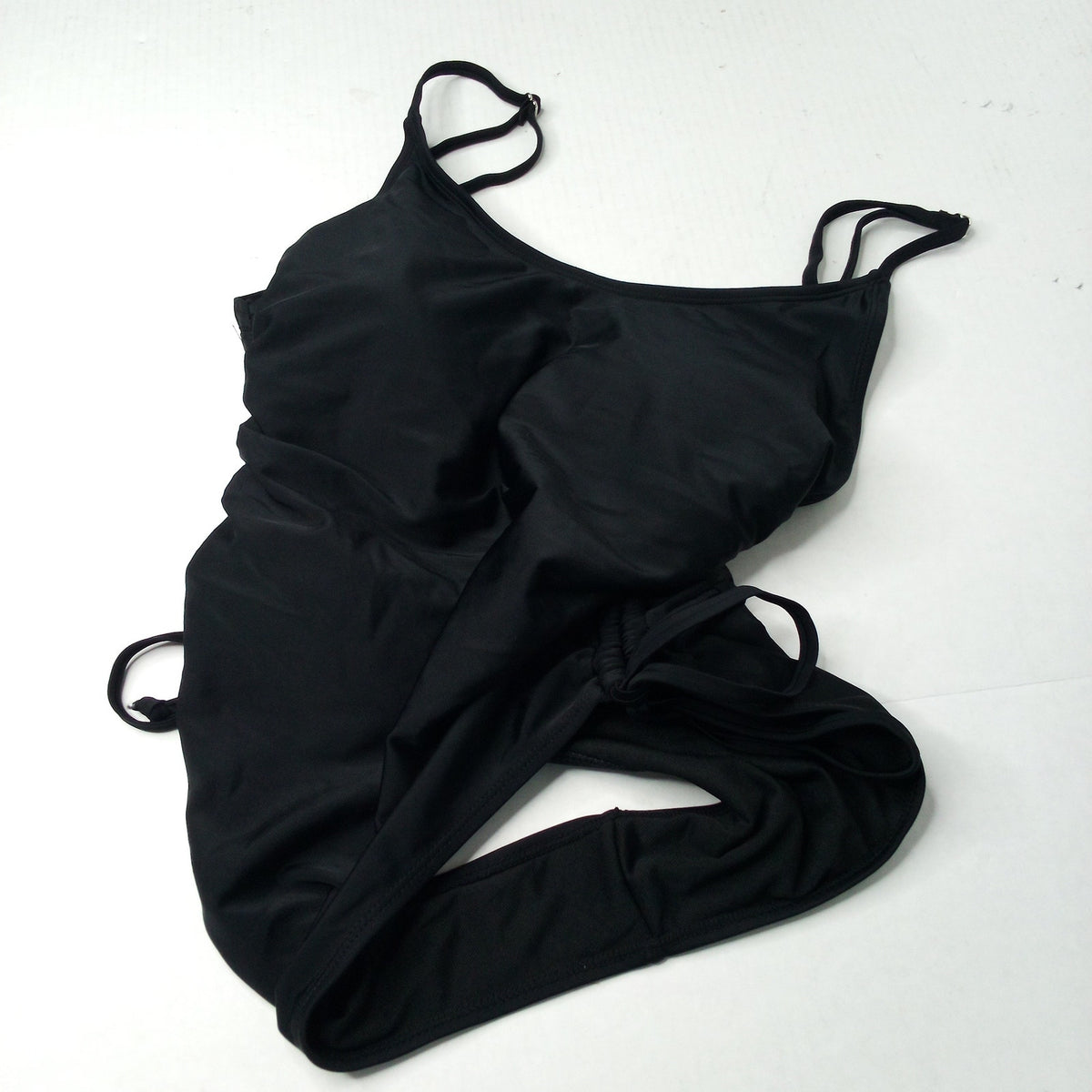 Black One-Piece Swimsuit Side Tie Ruched Spaghetti Strap Women's Size L