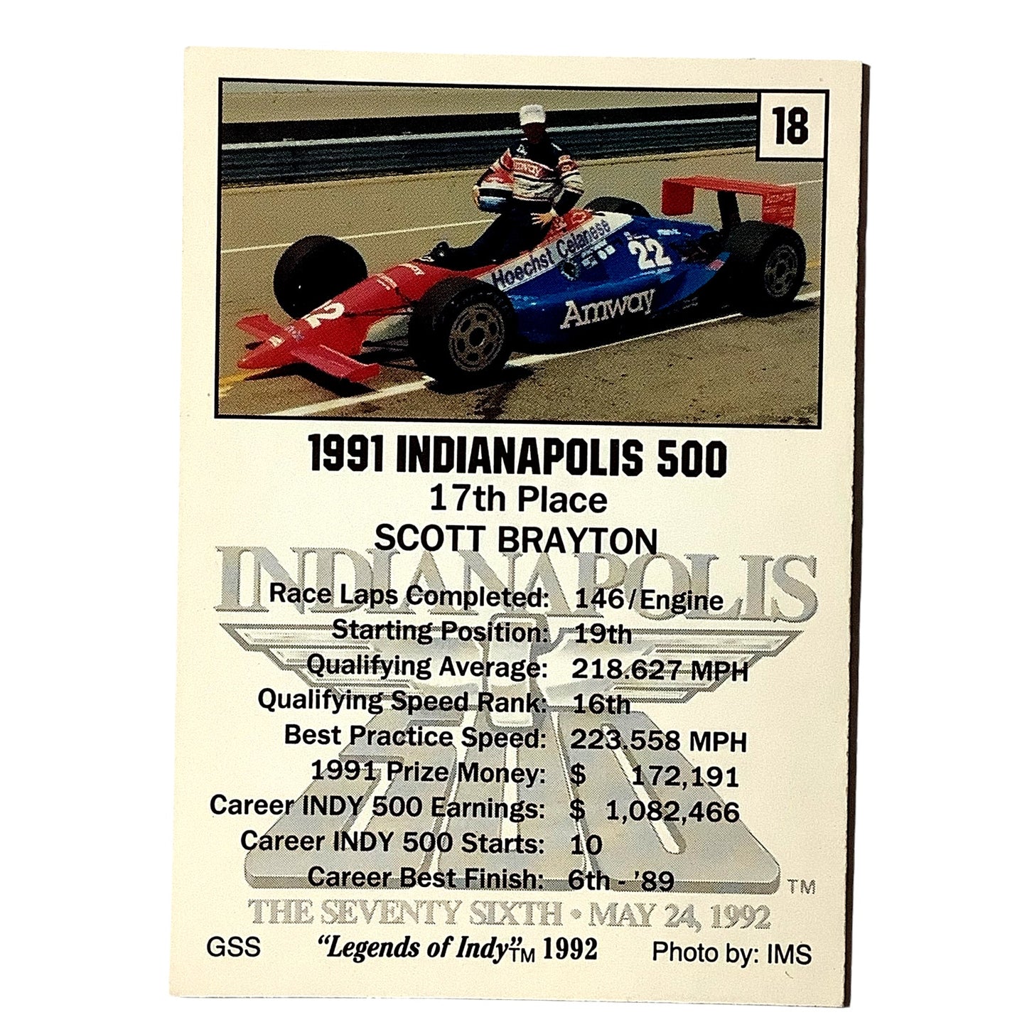 Scott Brayton 17th Place Indy 500, 1991 Action, 1992 Legends of Indy, Card No.18