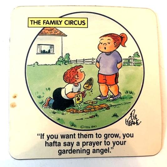 VTG 1996 Family Circus Fridge Magnet Bil Keane Cartoon Gardening Angel 3.5x3.5