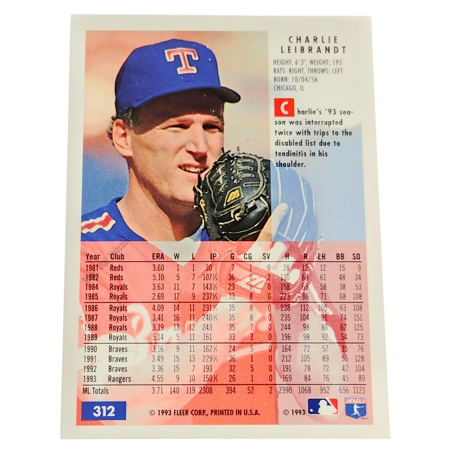 Charlie Leibrandt, Texas Rangers, #312, 1994 Fleer Baseball Collector's Card