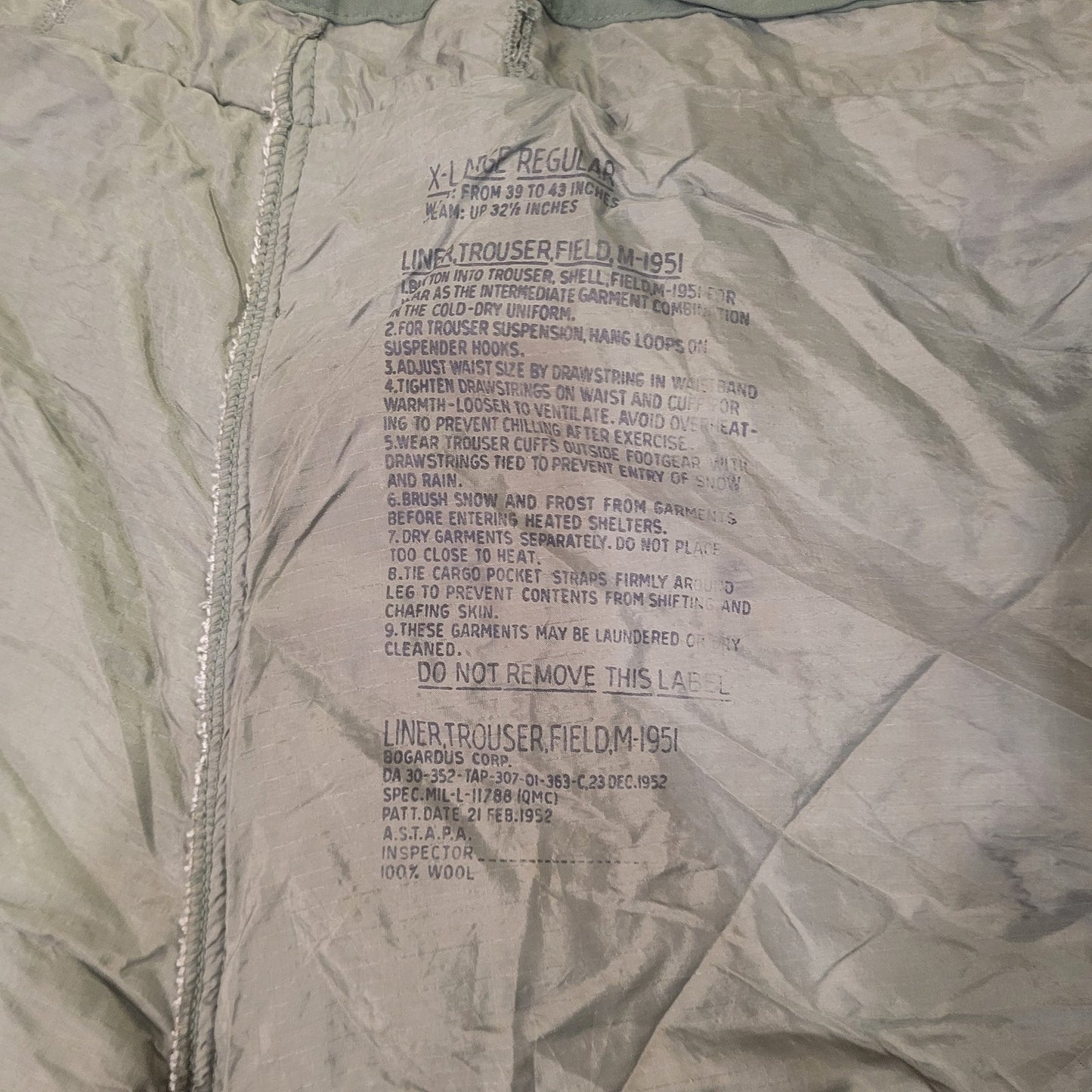 1952 M-1951 Arctic Trousers Liner – X-Large Regular – 100% Wool – Bogardus Corp.