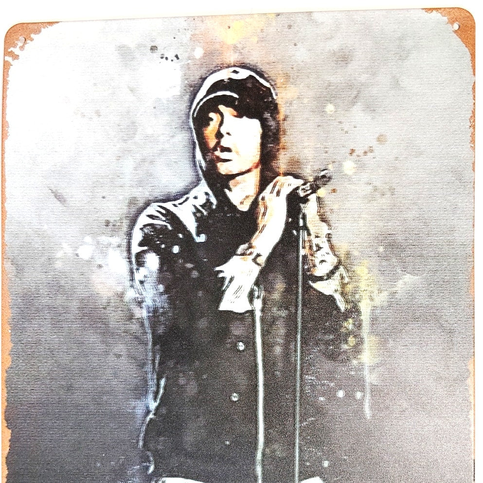 Rapper at Microphone Tin Sign 12×8 Hooded Performer Abstract Art Metal Decor