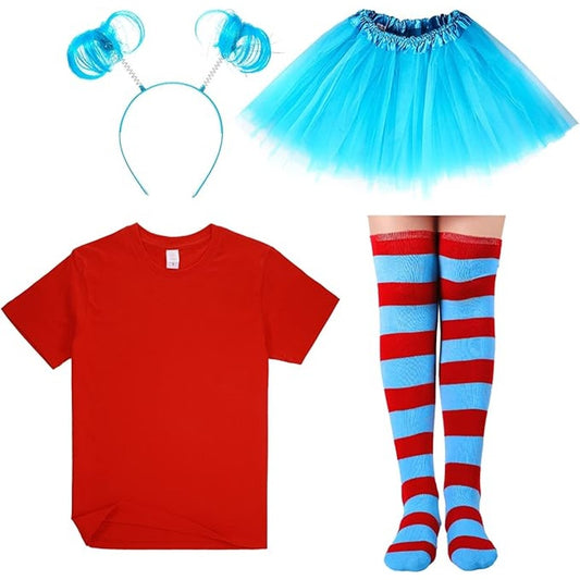 Girls Tulle Tutu Set, M, T‑Shirt Striped Thigh‑High Socks Tutu Skirt Headband