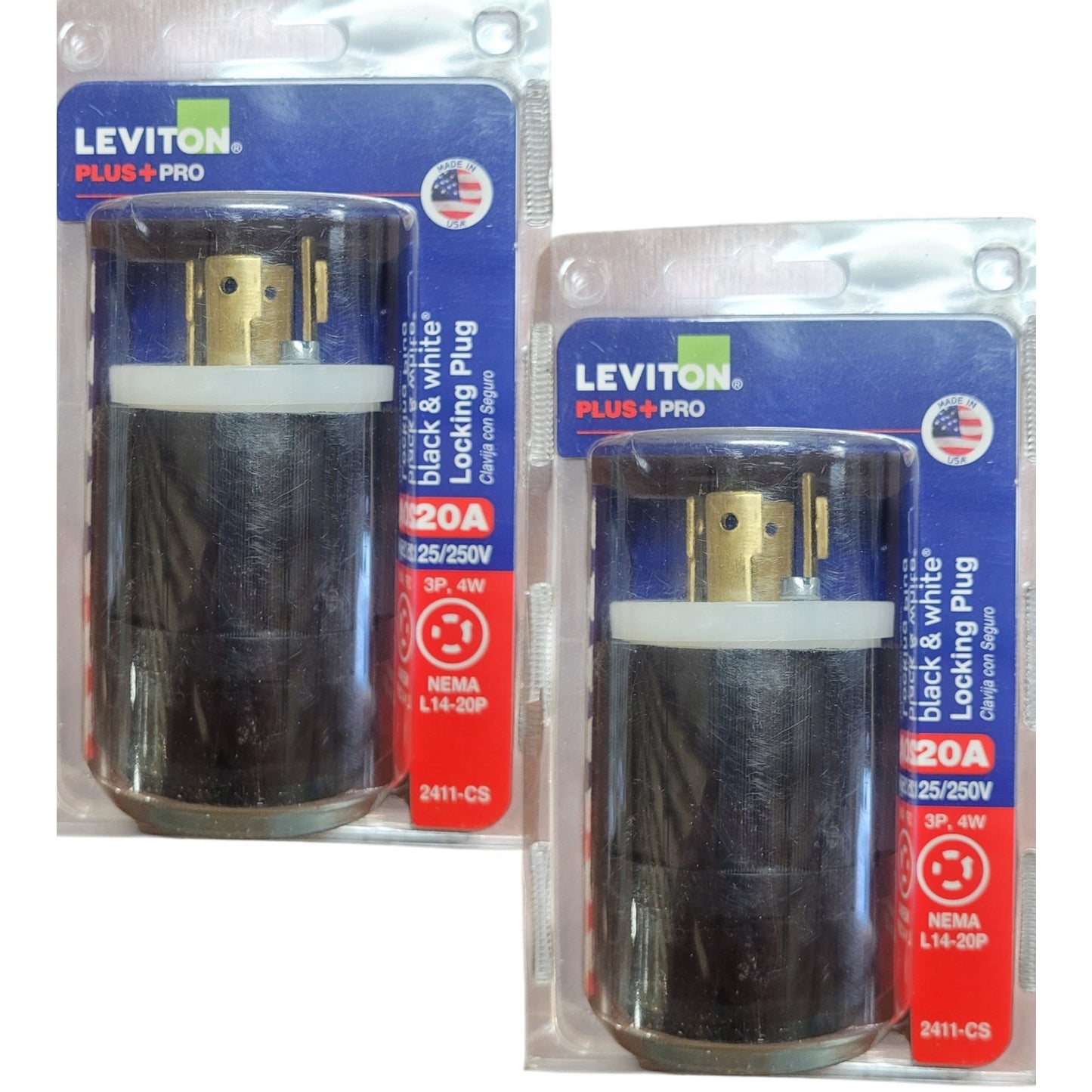 2-PK Leviton 20 Amp 125/250-Volt Locking Plug, Black and White 2411-CS