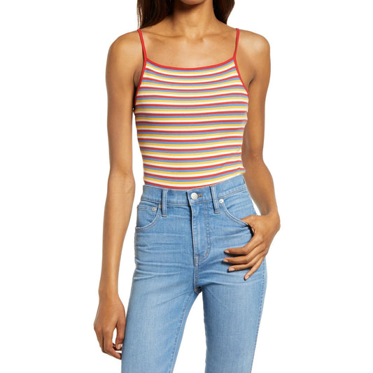 Madewell Ribbed Bodysuit - Red/Yellow Stripes - Spaghetti Strap - Size XLarge