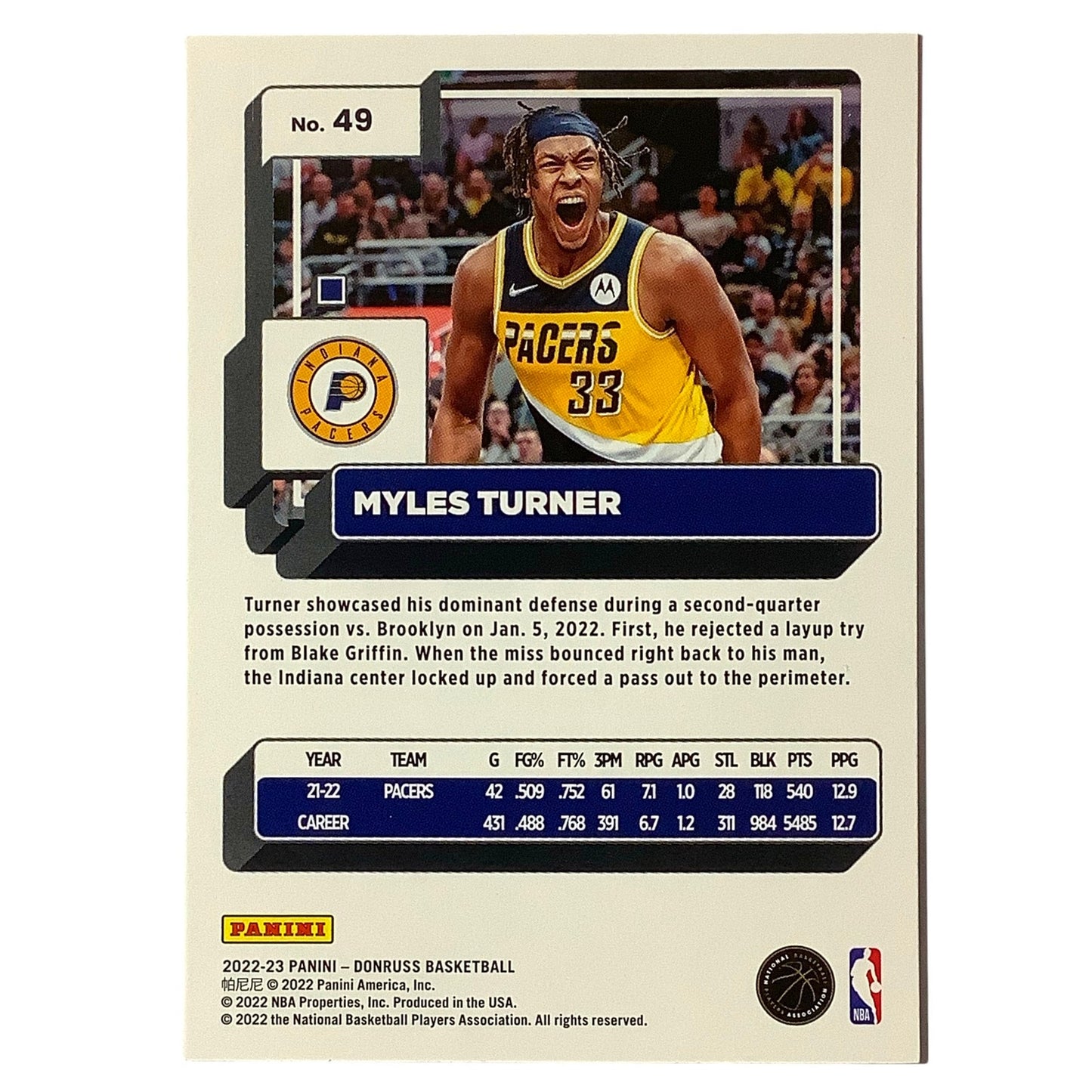 Myles Turner, Card #49, Denver Nuggets, 2022-23 NBA Panini Donruss NM+