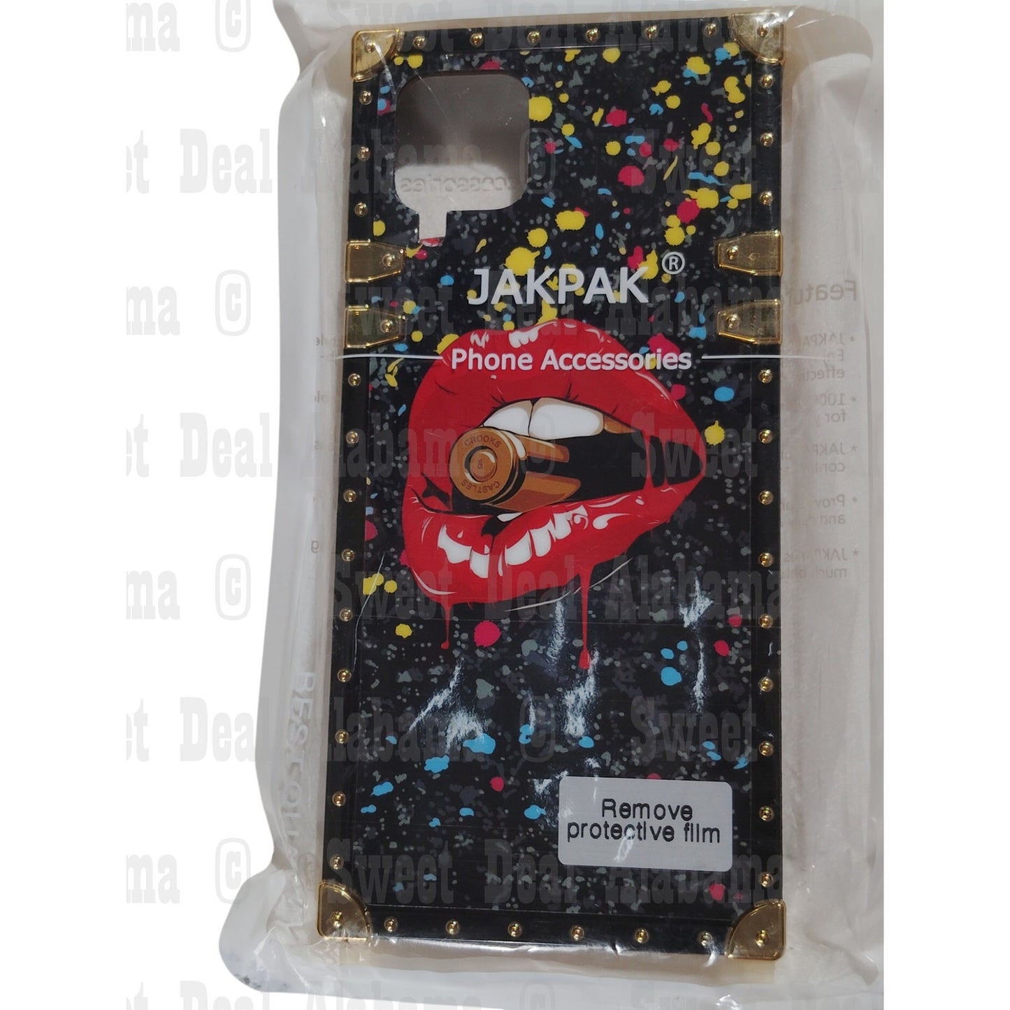 FX Cellphone Case For Samsung A12 5G Phone w/ Strap & Stand, Black Bullet Lips, Gold Accents