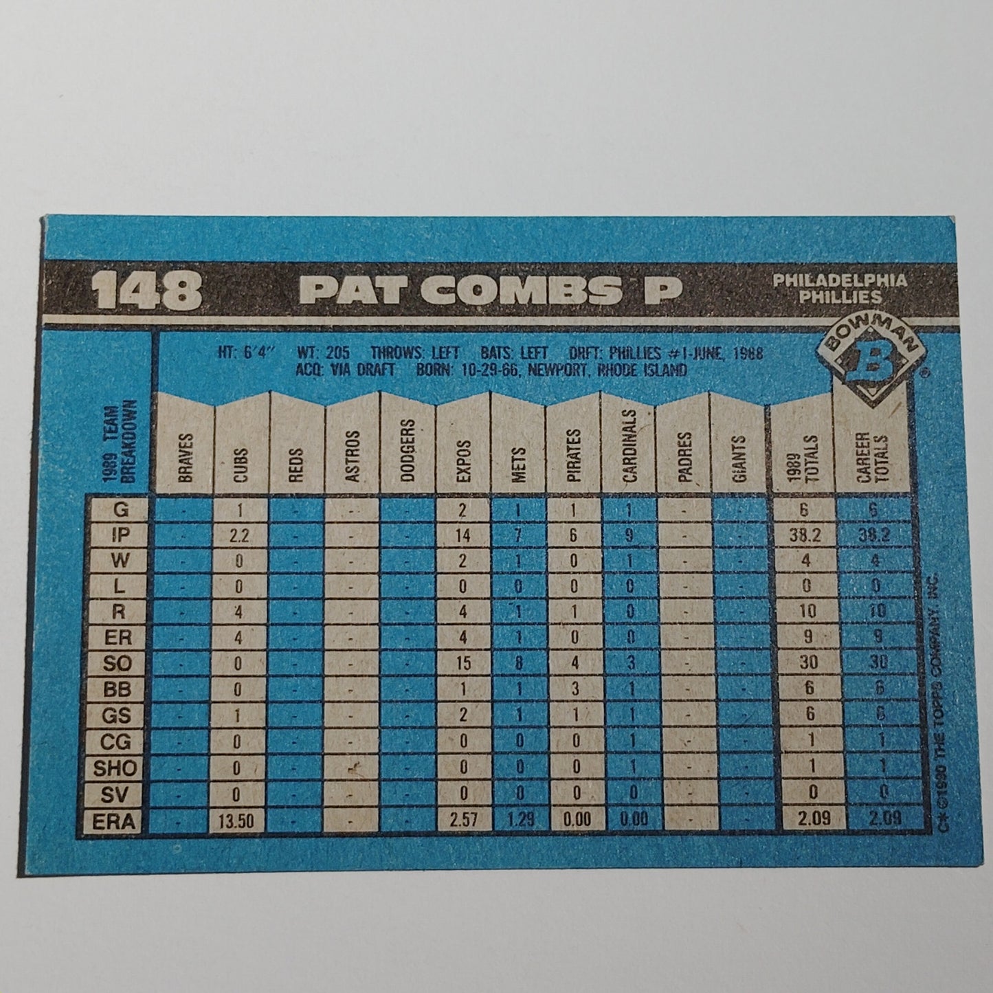1990 Bowman Pat Combs #148 Philadelphia Phillies Pitcher MLB Baseball Card NM