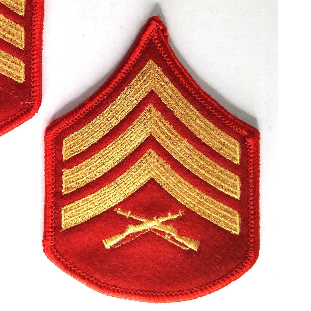 USMC Sergeant E‑5 Chevrons Pair Gold on Red Female 3‑1/2" × 2‑3/4" Sew‑On