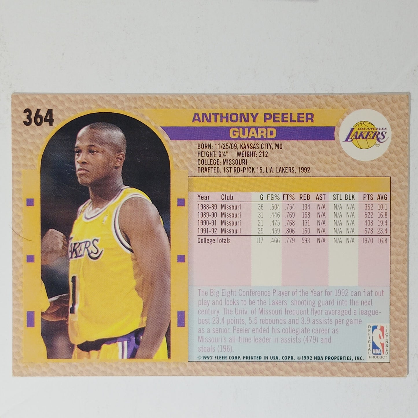1992–93 Fleer Anthony Peeler #364 – Los Angeles Lakers – Guard – VG/EX