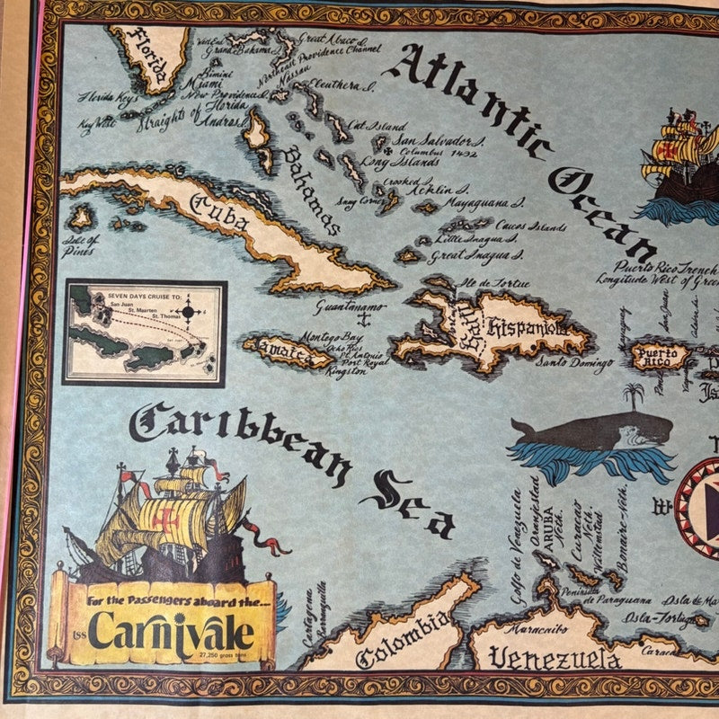 VTG 70s Carnival Cruise Carnivale Map Poster - Caribbean Treasure Map, 22"x17"