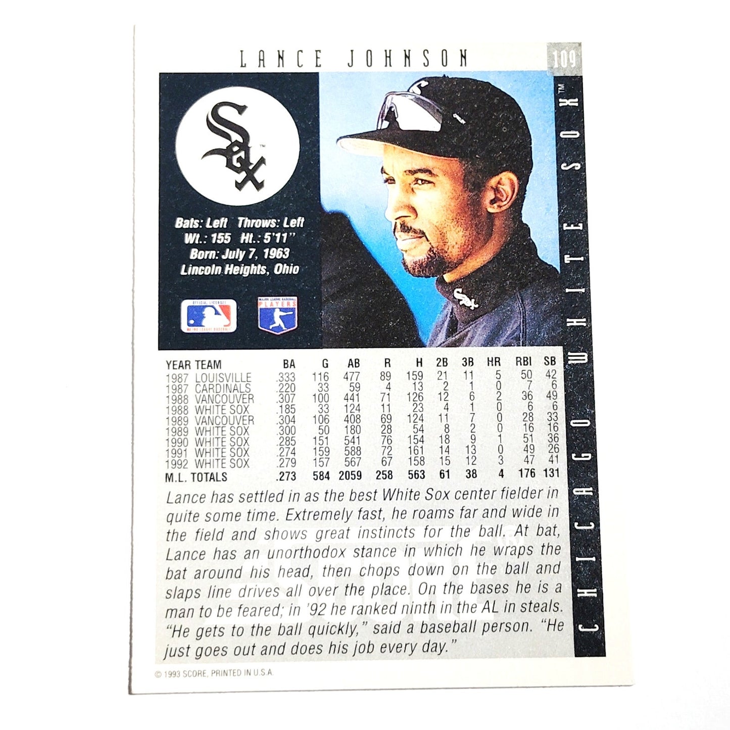 1993 Score Lance Johnson #109 Chicago White Sox CF MLB Baseball Card NM