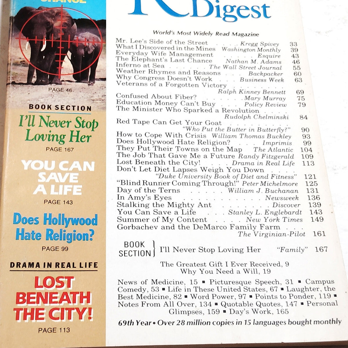 Reader's Digest July 1990 Vintage Magazine Back Issue - Elephant Cover